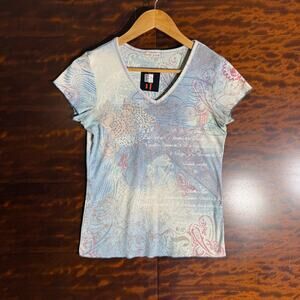 Y2K Womens Xcit USA Crazy Graphic V Neck Top M